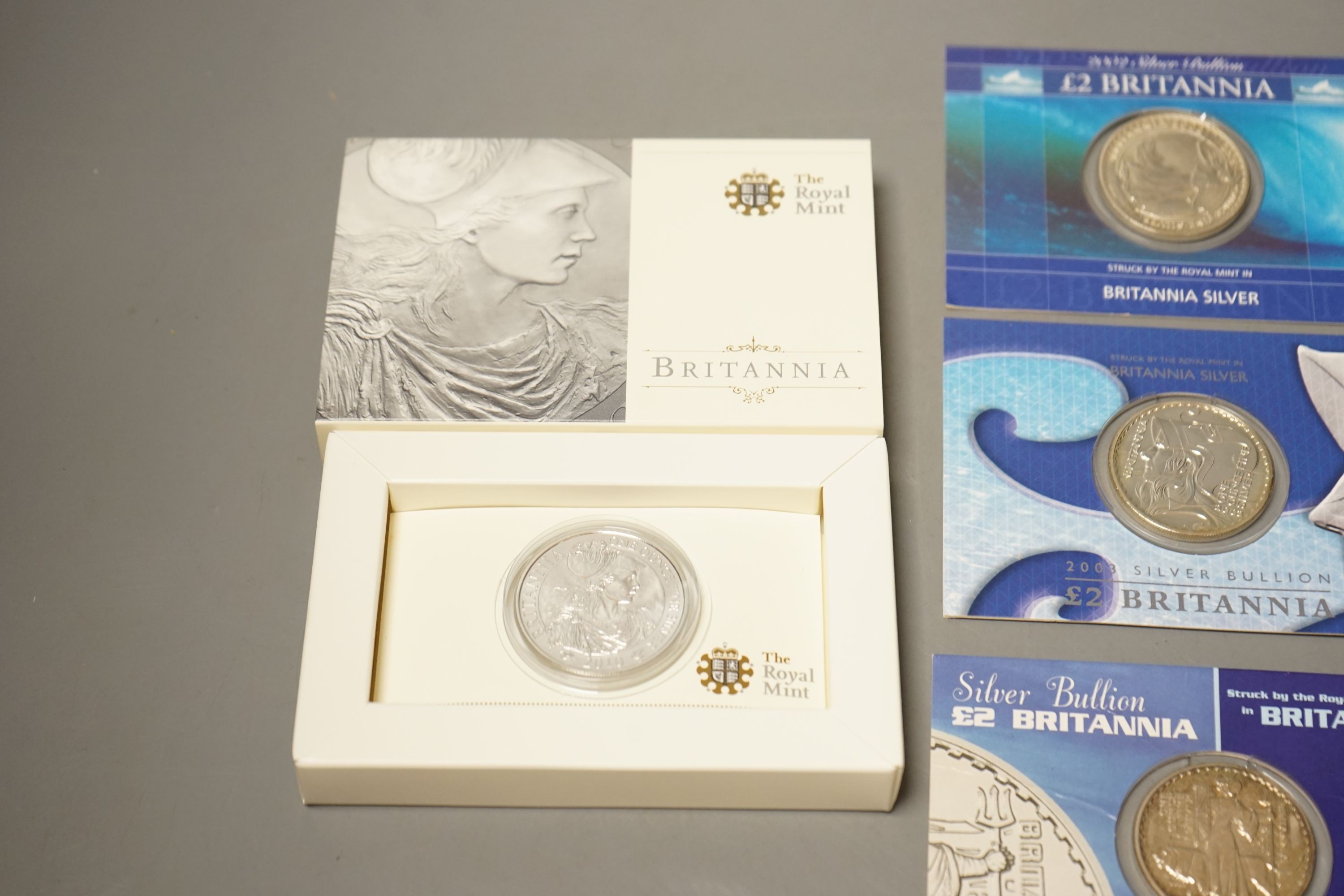 Six Royal Mint UK Britannia 1oz. silver proof £2 coins, in presentation packs